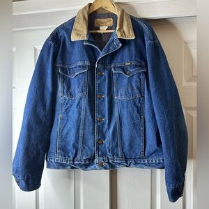 Wrangler Blue Denim Jacket blanket lined w/ Tan corduroy Collar SZ 48 (XXL) USA